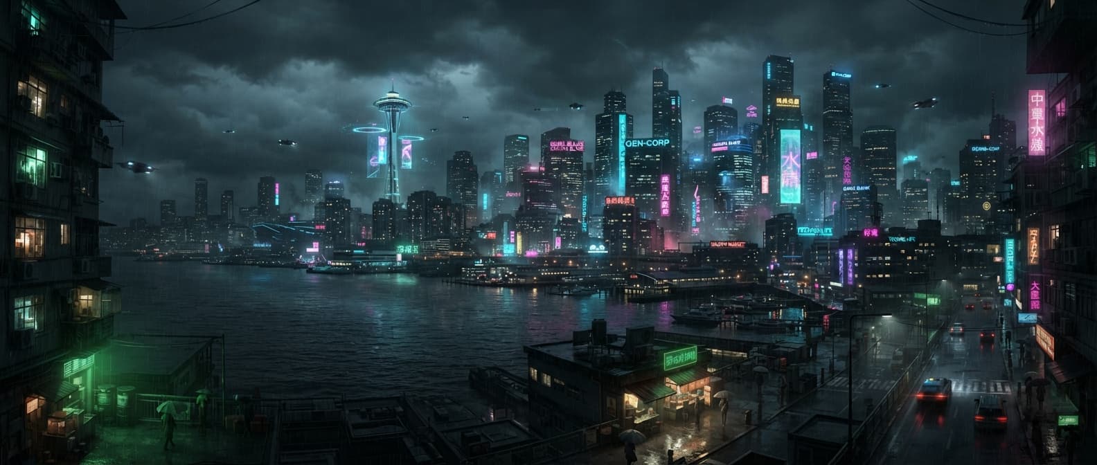 Neon-lit Seattle skyline, 2080